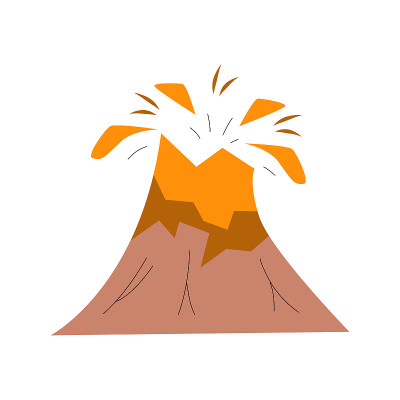 火山与熔岩孤立在白色背景上。矢量插图在一个平坦的手绘风格。