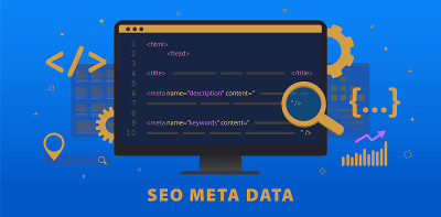 SEO元数据，HTTP网站头标签优化。搜索引擎优化标题标签和元描述元素。水平矢量横幅插图的标题与超文