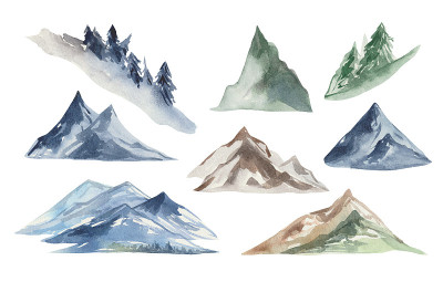 水彩画的高山积雪覆盖的山脉