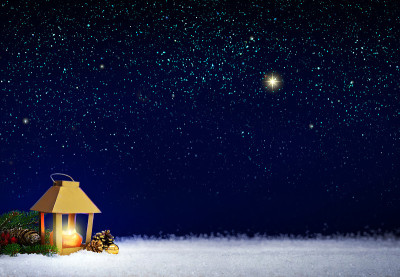 29、圣诞彩灯挂在白雪满天星星上。