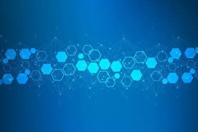 科学网络格局，连接线与点。技术六边形结构或分子连接元件。