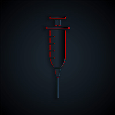 Paper cut Syringe icon isolated on black backgroun