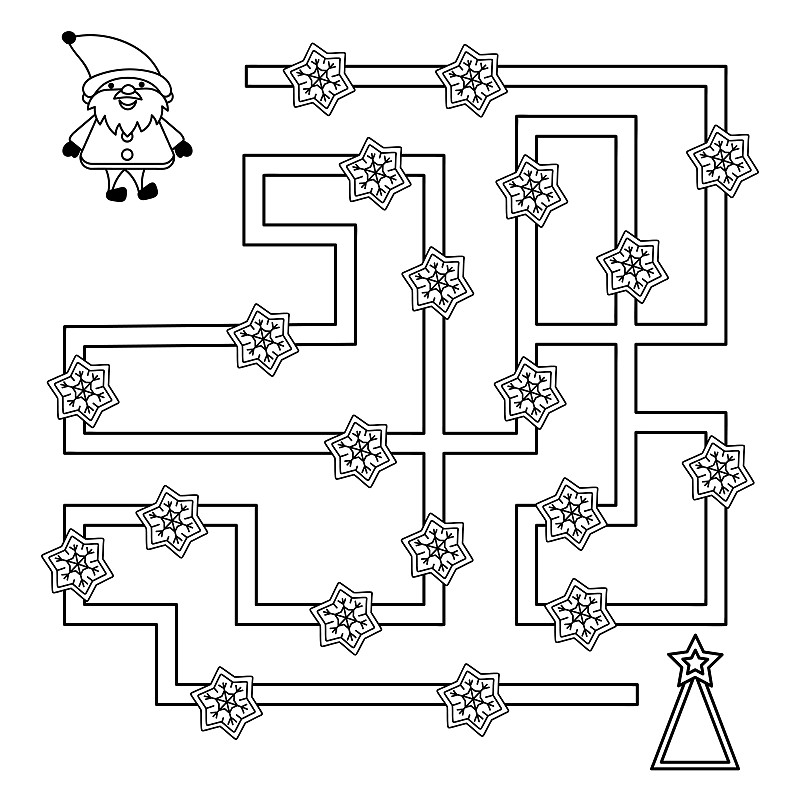 对儿童迷宫。儿童黑白益智游戏。帮忙装饰圣诞树。卡通风格。矢量插图。