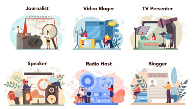 Journalist concept set. Newspaper, internet and ra
