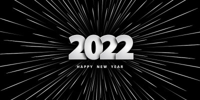 2022年新年快乐。喜庆的黑色背景与银色数字和运动光线。假日旗帜。