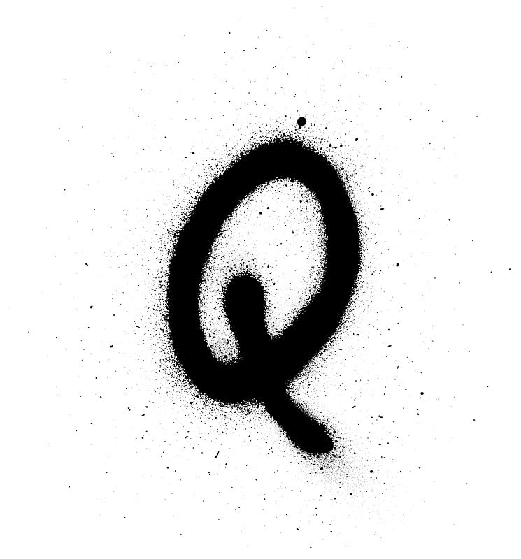 graffiti thin Q font sprayed in black over white