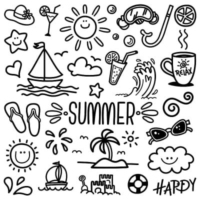 夏天的涂鸦。手绘夏季图标集。