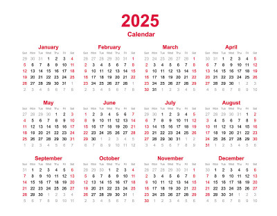 2025年日历。十二个月日历模板。