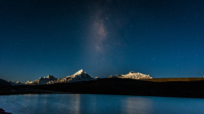 月圆之夜，钱德拉尔湖以银河为背景。钱德拉尔湖也被称为月球湖