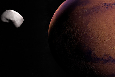 月球火星火卫二，火星2号，绕火星轨道运行。三维渲染