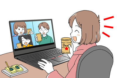 一幅男人和女人在网上喝酒聚会的插图