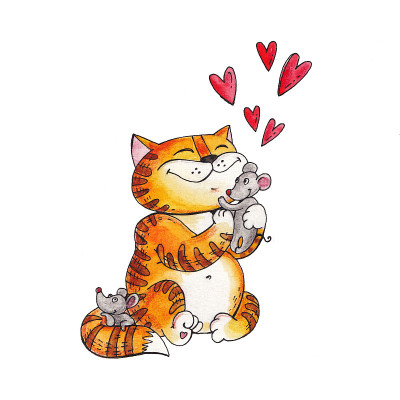 水彩画的猫拥抱老鼠，猫和老鼠的朋友