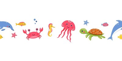 横向无缝图案与可爱的海洋动物-海龟，水母，海豚，螃蟹