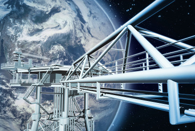 3D渲染未来的航天飞机结构背景世界行星