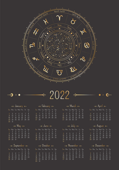 矢量垂直的2022年日历与华丽的金色黄道圈和天文符号在黑色背景。A3, A2星座海报。带有线性插图的
