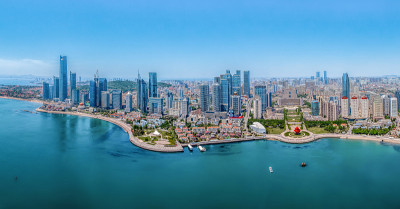 航拍青岛海岸线建筑景观天际线