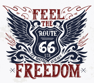 感觉自由。66号公路。手绘复古插画