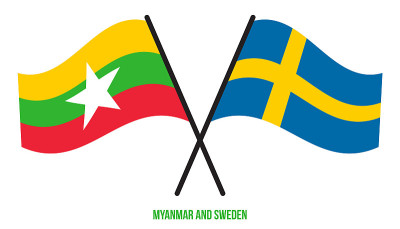 Myanmar and Sweden Flags Crossed And Waving Flat S
