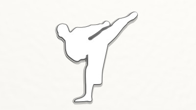 墙上的空手道人。金属雕塑的3D插图在一个白色的背景与温和的纹理。艺术和皮带