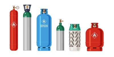钢瓶气体。液化石油气容器丙烷。用于压缩氧气和可燃燃料的金属气球。天然丁烷隔离罐。工业炸药产品。矢量设