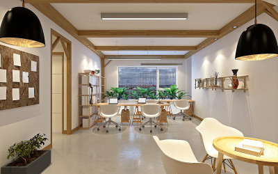 现代办公室和工作空间的3d渲染