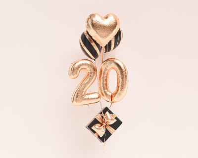 20岁。金色气球数20周年，生日快乐祝贺。3 d渲染。