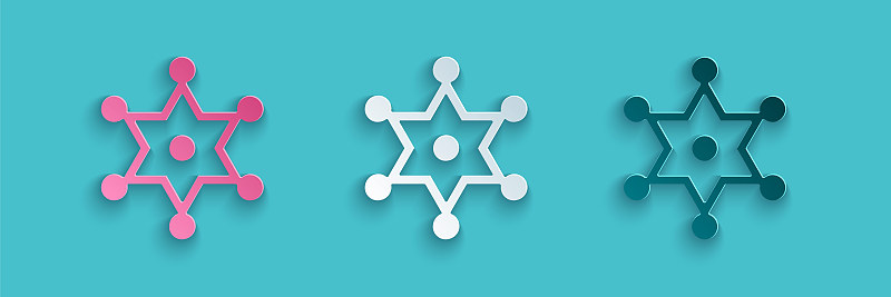 Paper cut Hexagram sheriff icon isolated on blue b
