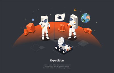 火星探险和太空旅游的等距三维概念。宇航员穿着宇航服在火星表面行走。人们使用空间设备和月球车探索行星。