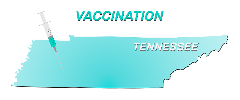 田纳西州的疫苗接种。冠状病毒疫苗概念，疫苗注射器和针种植在田纳西州地图。