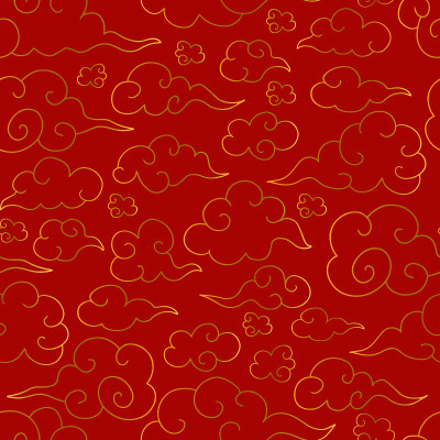 中国传统东方无缝图案，红色背景上渐变的金色云彩。向量的背景。亚洲日本常见的云朵点缀。纺织、印刷。中国