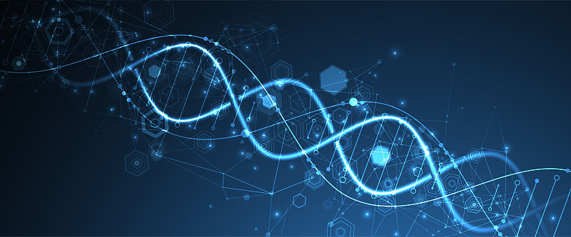 发光的氖DNA链。生物技术、生物化学、科学、医学概念。