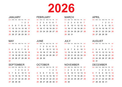 日历2026模板矢量，简单的最小设计，规划师2026年，墙壁日历2026年，星期开始星期一，一套12