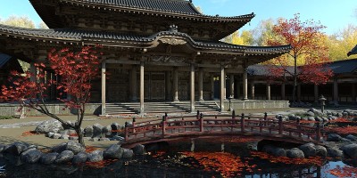 古老的日本宫殿在秋季3d插图