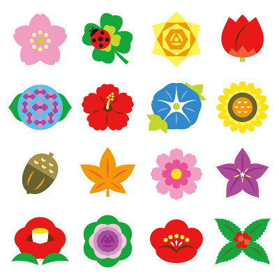 季节花卉图标，春天，夏天，秋天，冬天在日本