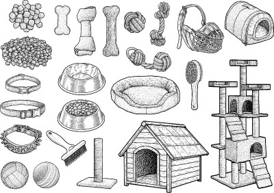 宠物玩具收藏插画、素描、雕刻、水墨、线条艺术、矢量