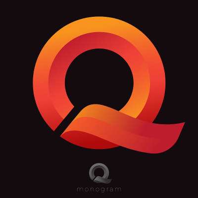 Q字母组合。字母Q就像黑色背景上的橙色缎带。