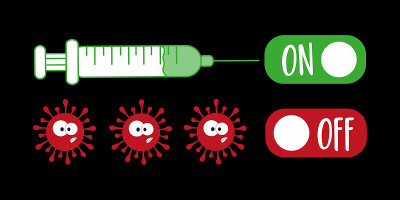 Vaccine ON, Covid-19 OFF - Hand drawn virus and Va