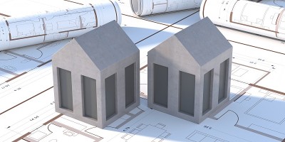 蓝图规划背景下的现代住宅。三维演示