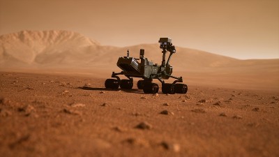 一个火星车在红色星球上的沙尘暴中。好奇号火星探测器。3D渲染