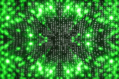 绿色矩阵数字背景。抽象的网络空间的概念。人物倒了。来自符号流的矩阵。虚拟现实设计。复杂的算法数据黑客