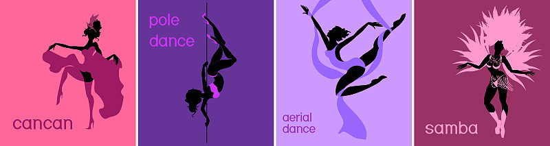 Various style dancing. Silhouettes of aerial, pole
