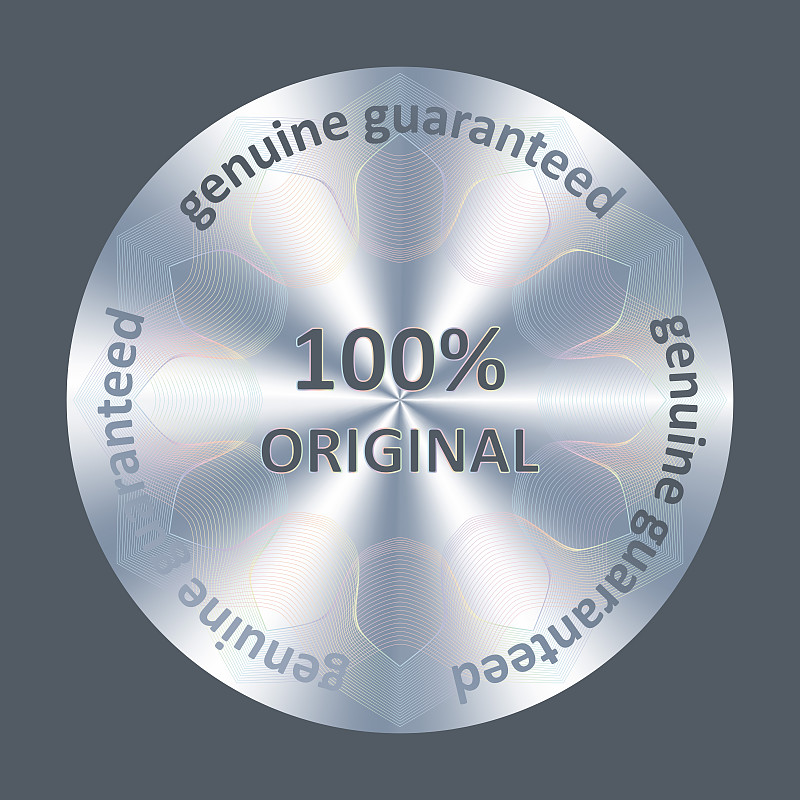 100原装银质贴纸，全息图。圆全息逼真贴纸。矢量元素为产品质量保证