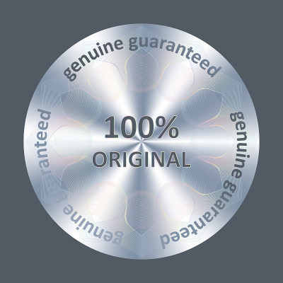 100原装银质贴纸，全息图。圆全息逼真贴纸。矢量元素为产品质量保证