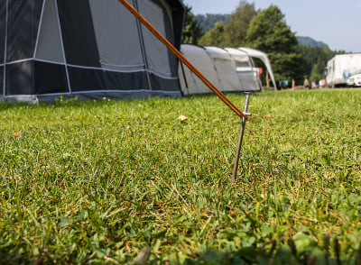 在野营地上固定帐篷绳的帐篷桩。