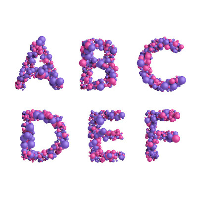 三维字母，由彩色球体组成的字母，白色背景上的三维渲染，ab c de f