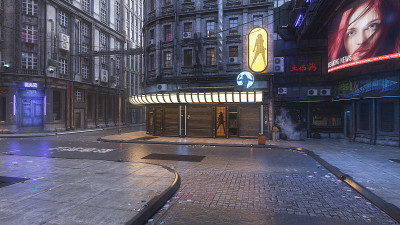 黑暗肮脏的3D插图赛博朋克主题的未来城市破旧的街景。