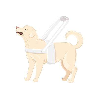 导盲犬穿着白色挽具与长柄矢量插图。