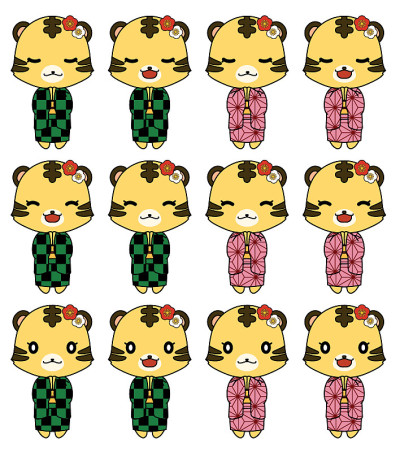 一组老虎女孩穿着日本图案的和服祈祷