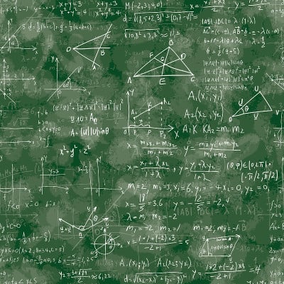矢量数学无缝纹理与各种数学符号、数字和计算，书写在纹理无尽的绿色黑板上。