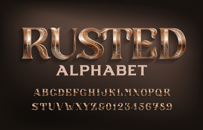 生锈的字母字体。古老的刻字金属字母和数字。